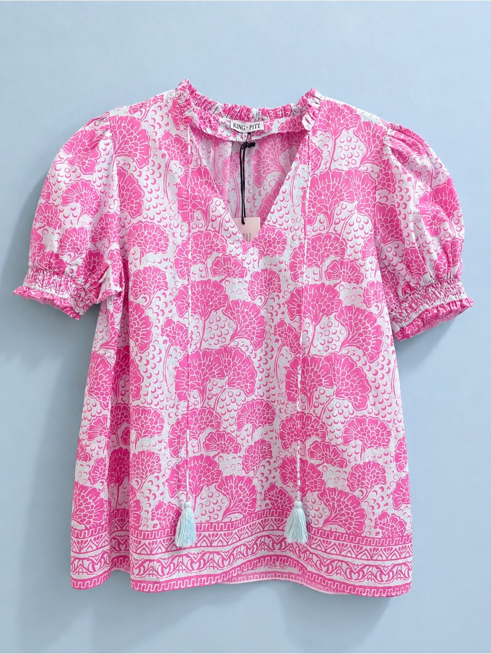 King + Pitt Pink Block Print Tassel Notch Neck Puff Sleeve Blouse Top NWT S